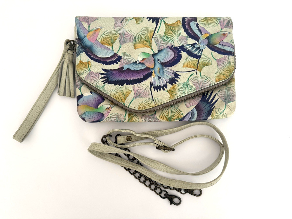Anuschka Convertible Clutch Wings of Hope Birds Ginkgo Wristlet Crossbody - 607